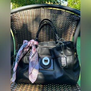 Coach vintage Black Leather Handbag with Plaid Scarf Accent